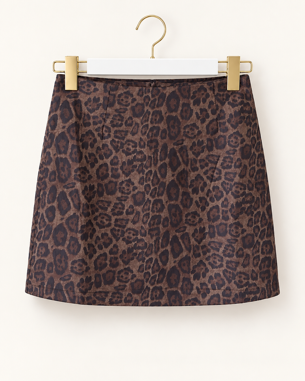 Donkerbruine leopard minirok vooraanzicht met donkere luipaardprint – BONVIE BOUTIQUE