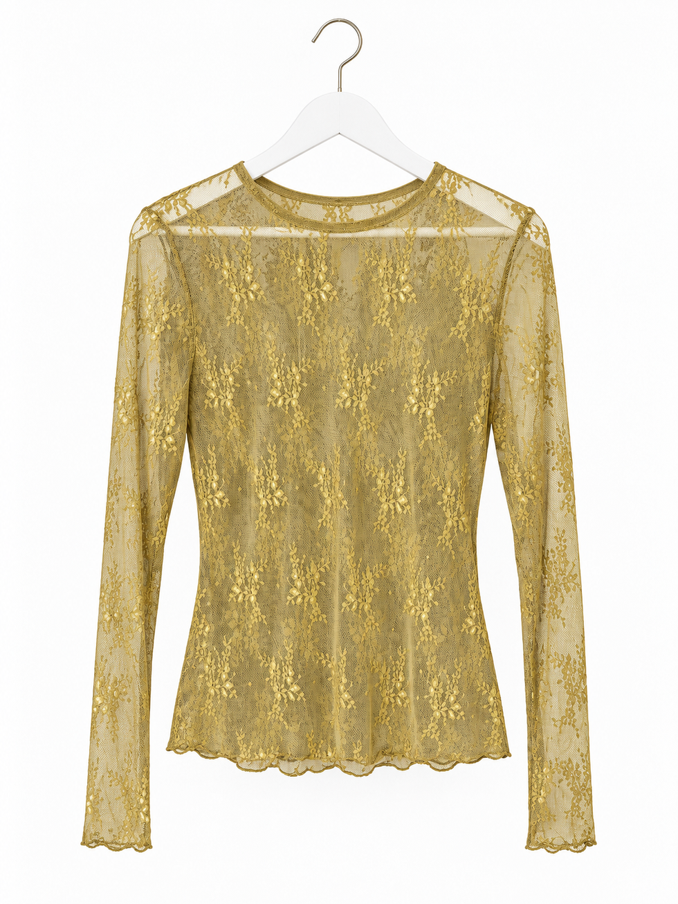 Olijfgouden transparante kanten top met ronde hals en bloemmotief – BONVIE BOUTIQUE