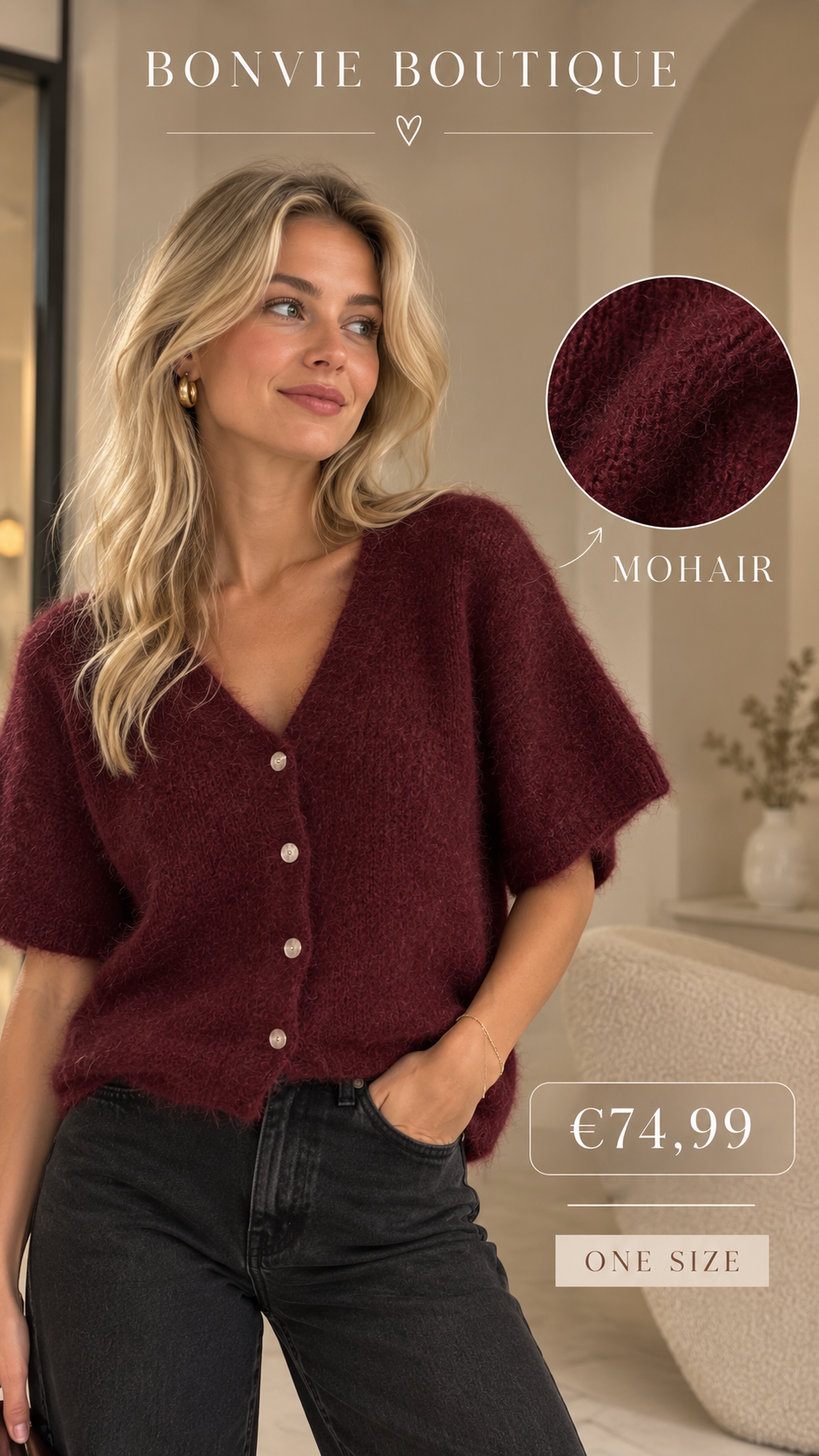 Blond model draagt burgundy mohair cardigan met korte mouwen en knoopjes – BONVIE BOUTIQUE