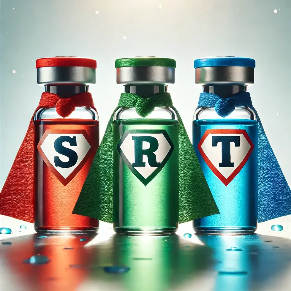 Three vials representing semaglutide, tirzepatide and retatrutide as superheroes.