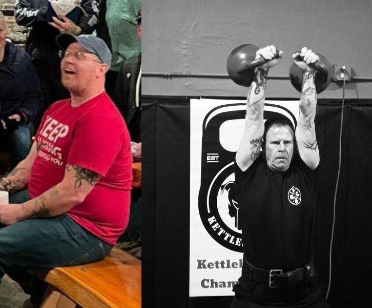 A side by side comparison of Cam before and after, obese to strong. 