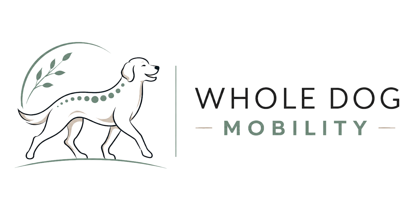 Logo featuring a stylized dog walking, with greenery and the text "Whole Dog Mobility.