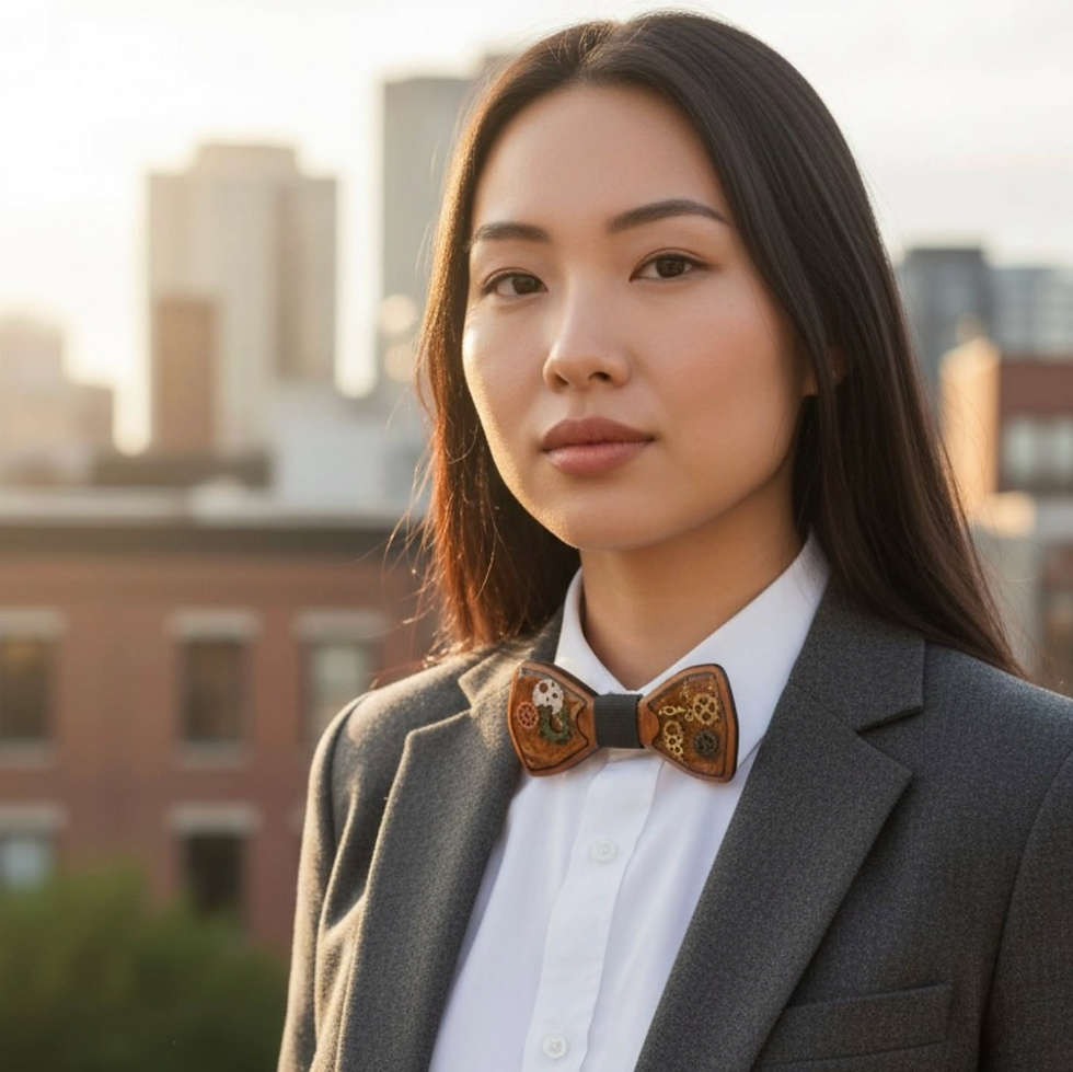 Woman in a suit with a handmade wood bowtie, cityscape in the background.