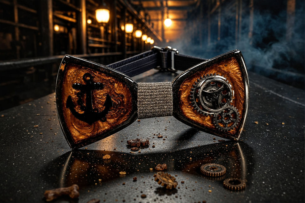 Handmade wood bowtie featuring an anchor design and steampunk elements on a dark surface.