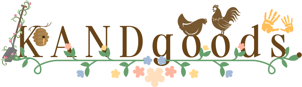 Logo of KANDgoods featuring floral vines and a chicken graphic, representing a blend of nature and farm themes.
