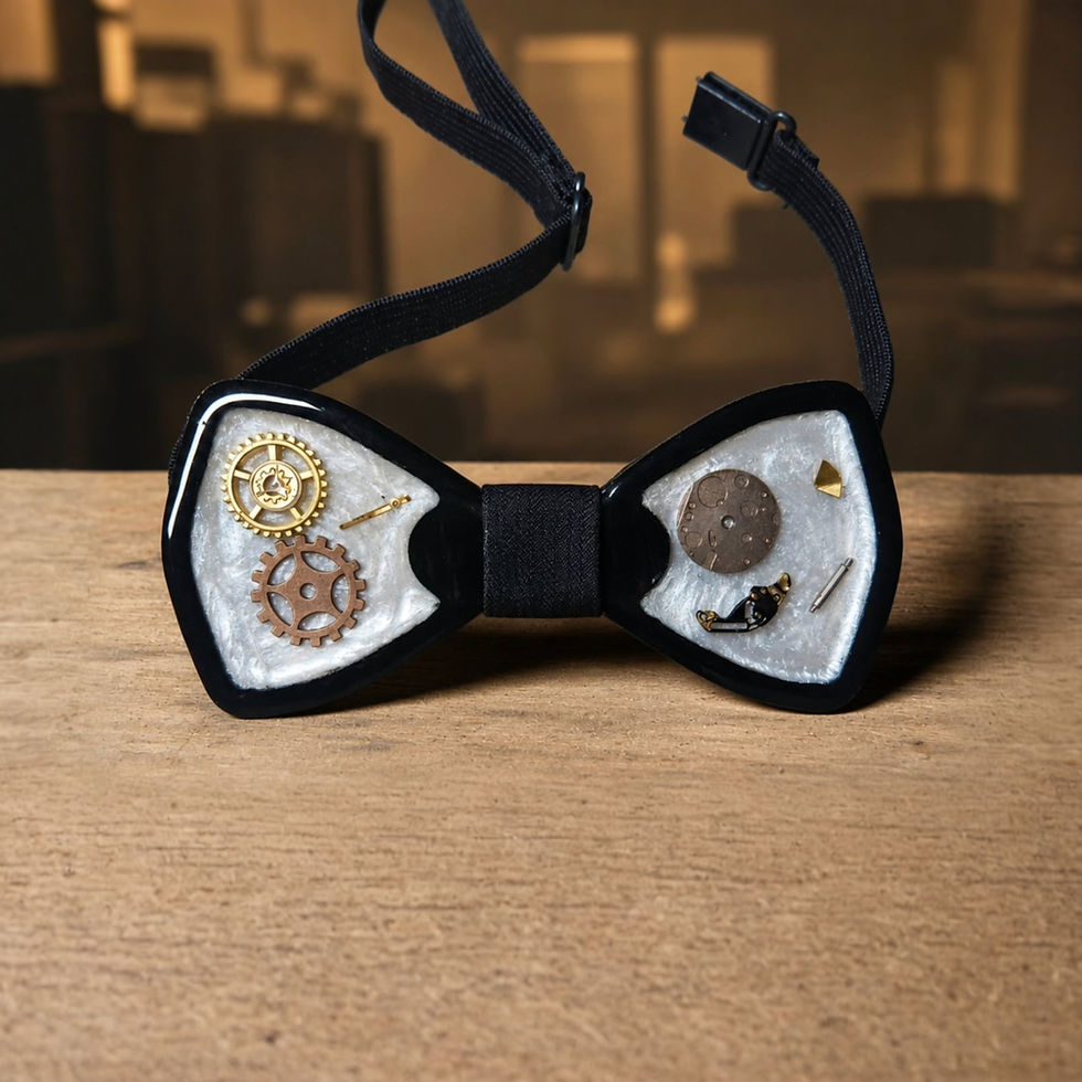 Handcrafted black bowtie with gears and clock parts embedded in a clear center.