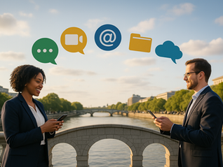 Two professionals connect seamlessly over digital platforms, symbolizing the bridge of communication in a modern, interconnected world