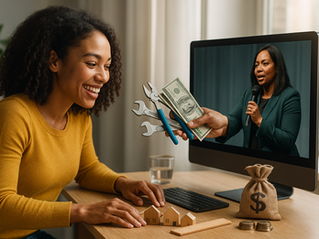 a lady at an online masterclass receiving tools and money through the screen from the speaker