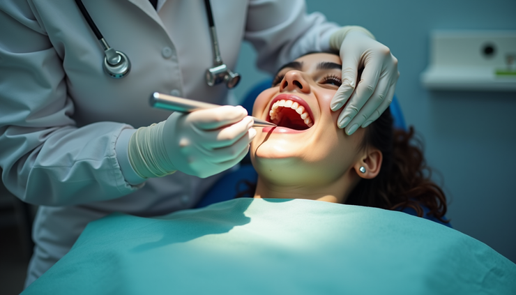 Eye-level view of a dental hygienist performing a cleaning on a patient