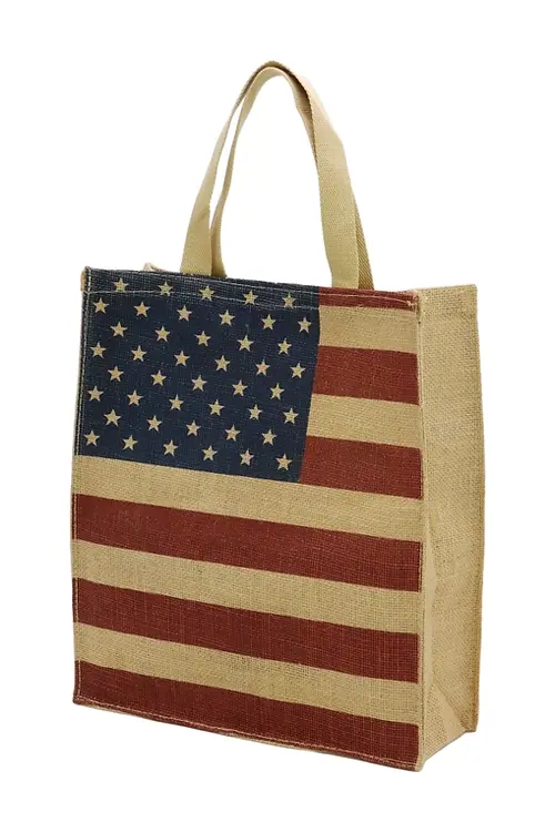 American Flag Print Burlap Box Tote Beach Bag