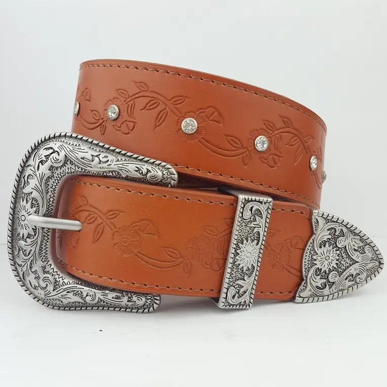 Western Vintage Silver Buckle Set with Floral/Crystal Belt