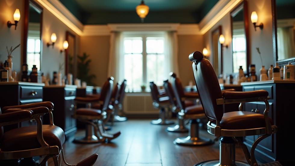 Eye-level view of a cozy barbershop interior with vintage chairs