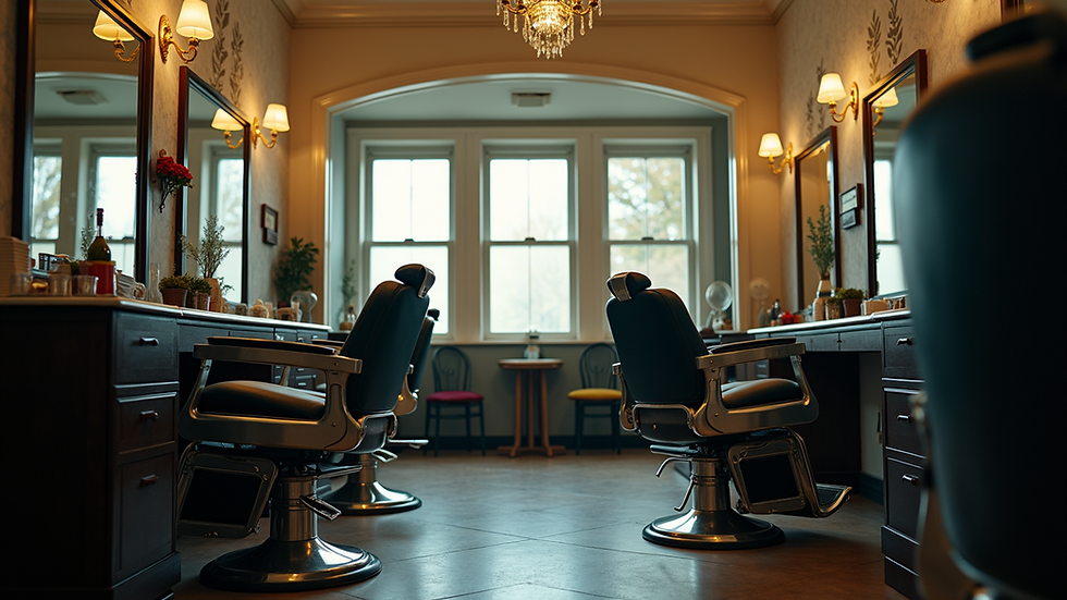 Eye-level view of a classic barbershop interior with vintage chairs and mirrors