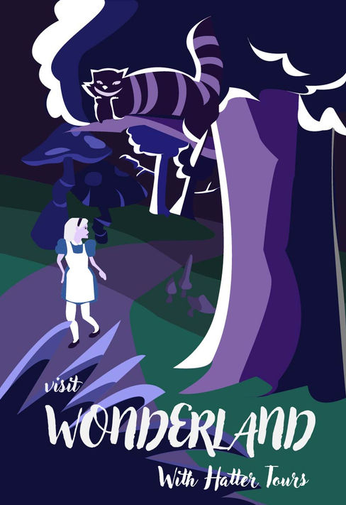 A poster illustration showing a girl  through an eerie forest, with The Cheshire cat lurking on a tree branch, above. 

The poster is advertising a trip through Wonderland, from the location from the famous novel 'Alice in Wonderland, by Lewis Carol.