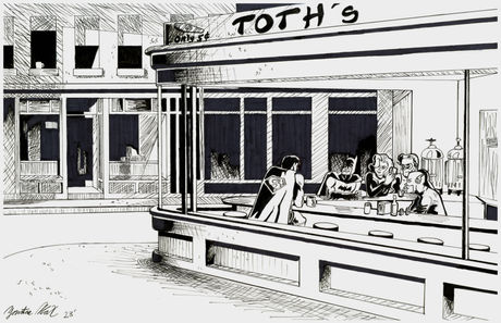 An homage illustration of the famous 'Nighthawks' painting from 1942, by Edward Hopper; instead with superhero characters from Hanna Barbera's 'Superfriends' cartoon.

Here, the bar is named after famous comic book artist & animator Alex Toth, who did the character designs for the show.