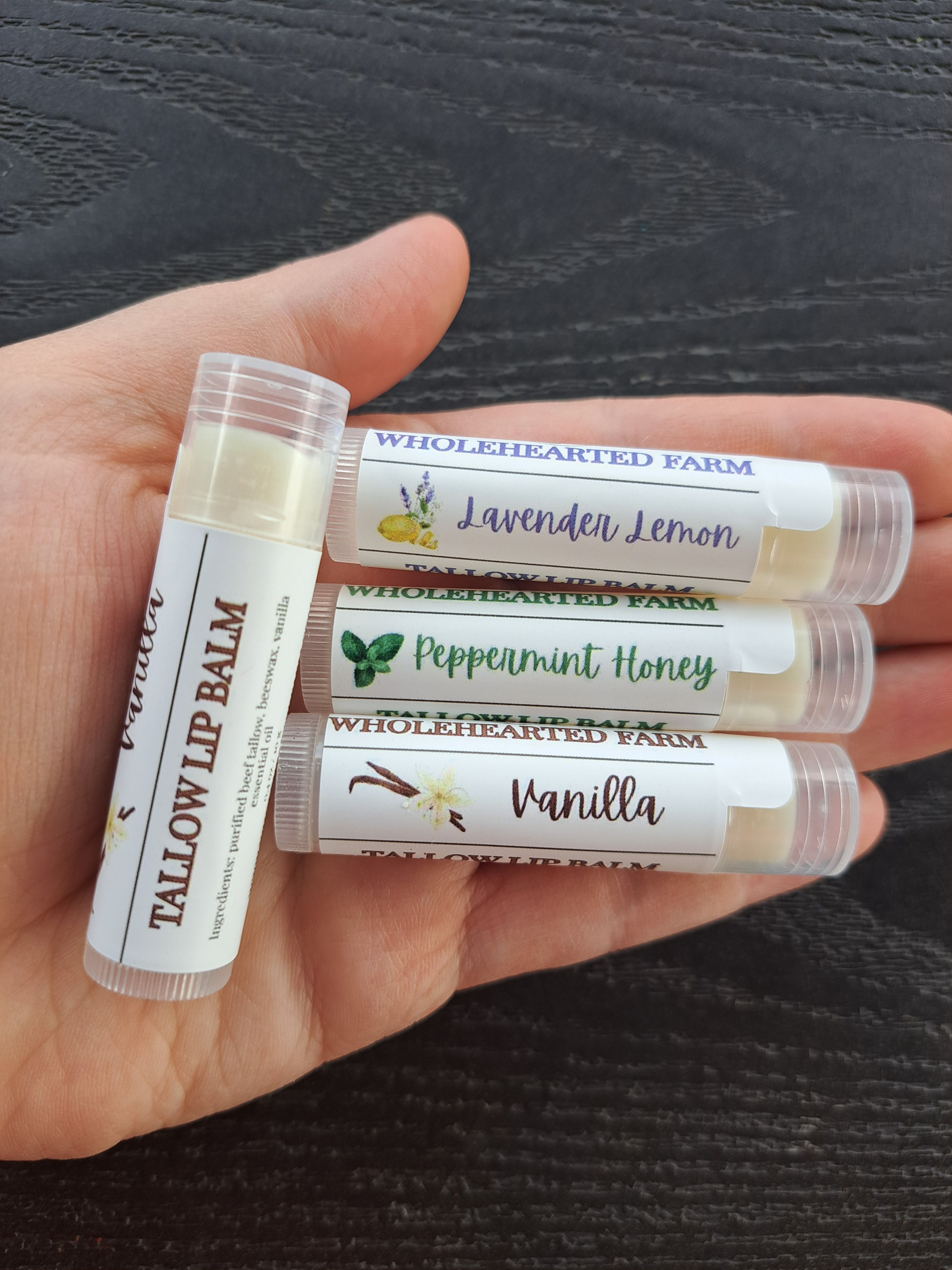 Wholehearted Farm Tallow Lip Balm in three scents: Peppermint Honey, Vanilla, and Lavender Lemon