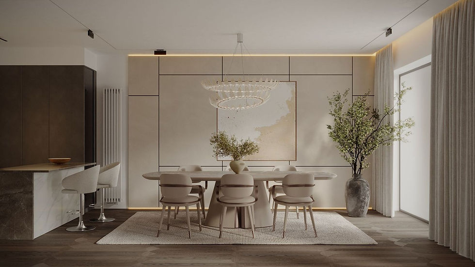Роскошная столовая с мраморным столом, дизайнерской люстрой и архитектурным освещением