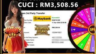 RWC77 online casino player wins RM3508.56 from RM170 deposit playing Treasure Island with successful Maybank transfer proof.