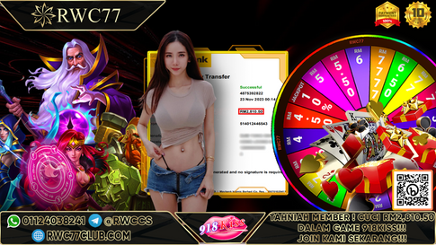 恭喜!! RWC77 会员在 918KISS 获得 RM2,810.50 大现金！！！加入我们，成为下一个赢家!!!