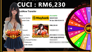 RWC77 online casino player turns RM100 deposit into RM6,230 win on Pussy888 Golden Slut slot with Maybank DuitNow transfer to CIMB Bank.