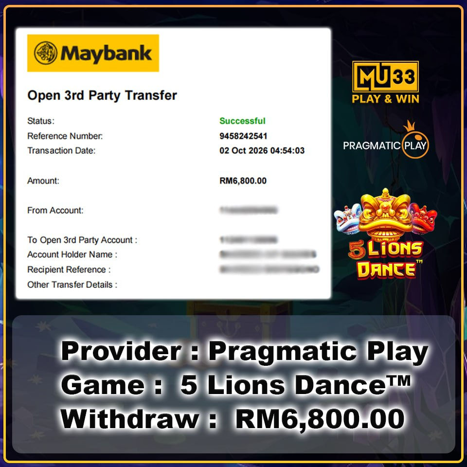 MU33 5 Lions Dance Pragmatic Play slot game with a successful RM6,800 withdrawal transaction.