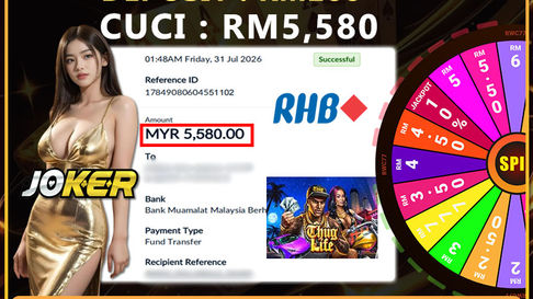 RWC77 Thug Life JOKER slot showing RM200 deposit and RM5,580 successful RHB Bank withdrawal proof