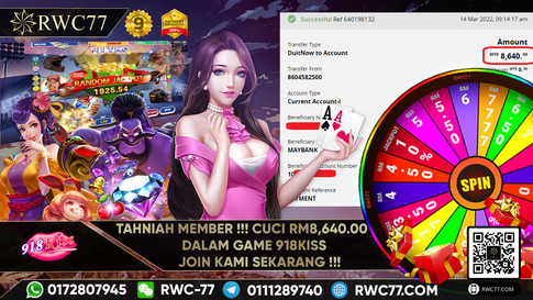 Congratulation ! RWC77 Member BIG CASHOUT RM 8,640 at 918KISS!!! Join Us To Be The Next WINNER!!!!!