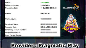 MU33 Gates of Olympus Pragmatic Play slot game featuring a successful RM3,500 withdrawal transaction via DuitNow.