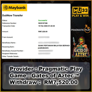Maybank DuitNow transfer successful RM7,520 withdrawal from Pragmatic Play Gates of Aztec slot game