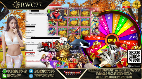 Tahniah ! Member Rwc77 cuci besar RM3,430 dalam Game 888KING! NASIB BAIK!