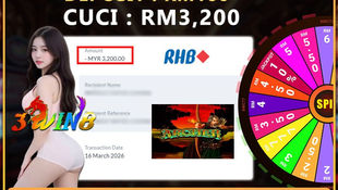 RWC77 online casino player turns RM100 deposit into RM3,200 win on 3WIN8 Archery slot with successful RHB bank withdrawal proof.