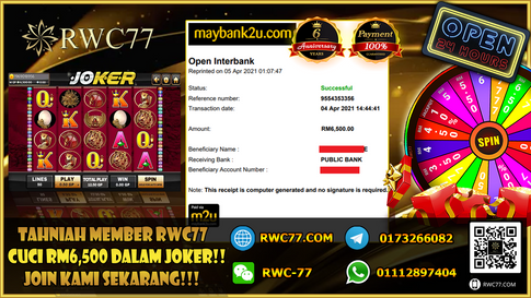 Tahniah ! Member Rwc77 CUCI BESAR RM6,500 dalam JOKER! NASIB !