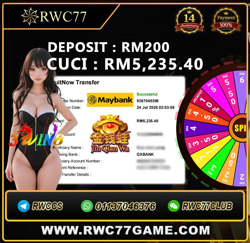 RWC77 Jin Qian Wa slot win RM5235.40 after RM200 deposit with successful Maybank DuitNow Transfer to GXBank Malaysia