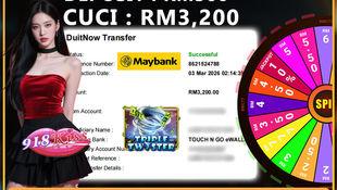 RWC77 918Kiss real winning proof showing RM300 deposit and RM3,200 Maybank DuitNow withdrawal confirmation