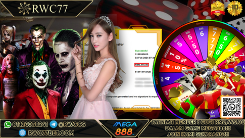 Congratulation ! RWC77 Member BIG CASHOUT RM6,445 at MEGA888!!! Join Us To Be The Next WINNER!!!!!