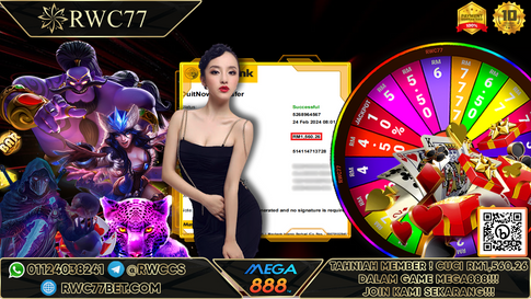 Congratulation ! RWC77 Member BIG CASHOUT RM1,560.26 at MEGA888!!! Join Us To Be The Next WINNER!!!!!