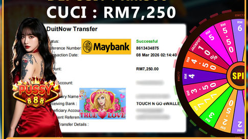 RWC77 player wins RM7250 from RM300 deposit playing Pussy888 True Love slot with Maybank DuitNow withdrawal