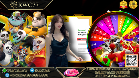 恭喜!! RWC77 会员在 918KISS 获得 RM6,500.00 大现金！！！加入我们，成为下一个赢家!!!