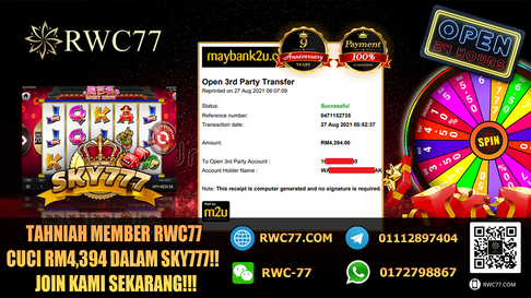 Tahniah ! Member Rwc77 cuci besar RM4,394 dalam Game SKY777! NASIB BAIK!