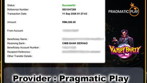 MU33 player successfully withdraws RM4,506 after winning on Vampy Party™ Pragmatic Play slot game in Malaysia.