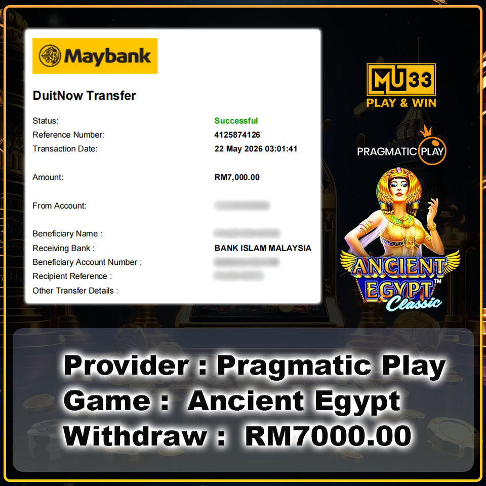 Pragmatic Play Ancient Egypt slot win RM7000 DuitNow transfer Maybank to Bank Islam Malaysia payout proof
