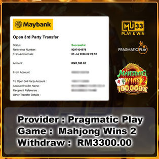 Mahjong Wins 2 Pragmatic Play RM3300 withdrawal proof via Maybank Open 3rd Party Transfer Malaysia