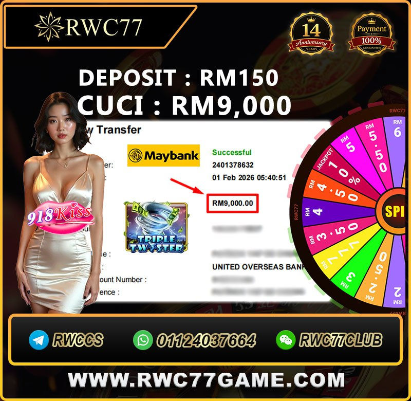 RWC77 online casino Malaysia showing RM150 deposit winning RM9,000 with real bank transfer proof