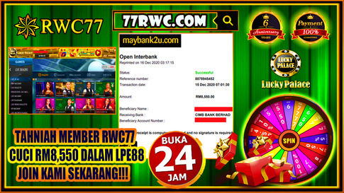 Tahniah ! Member Rwc77 CUCI BESAR dalam LPE88! NASIB BAIK !