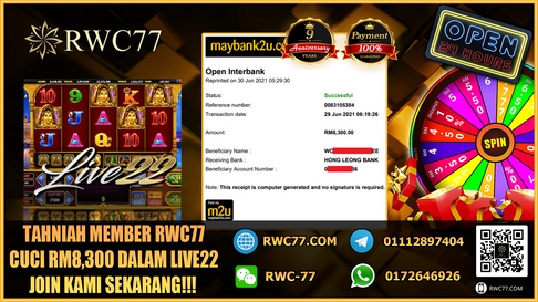 Tahniah ! Member Rwc77 cuci besar RM8,300 dalam Game LIVE22! NASIB BAIK!