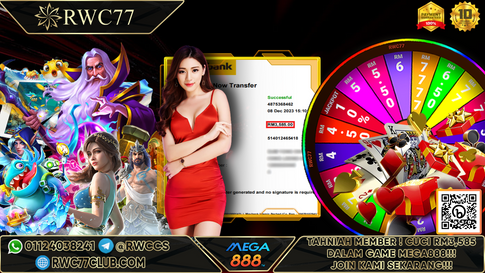 恭喜!! RWC77 会员在 MEGA888 获得 RM3,585大现金！！！加入我们，成为下一个赢家!!!