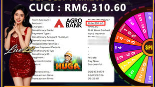 RWC77 online casino promotion showing RM200 deposit turned into RM6310 winnings with jackpot spin and payment proof