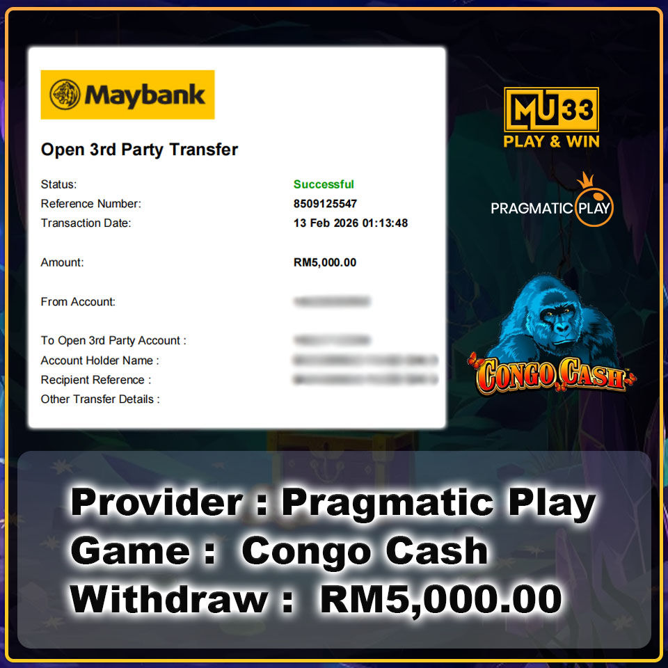 Maybank successful RM5,000 withdrawal receipt from Pragmatic Play Congo Cash online casino win in Malaysia