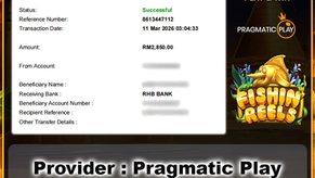 MU33 player withdraws RM2850 after winning Fishin Reels slot by Pragmatic Play with successful Maybank DuitNow transfer
