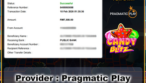 MU33 withdrawal proof showing RM7,500 Maybank DuitNow payout from Pragmatic Play Candy Blitz game